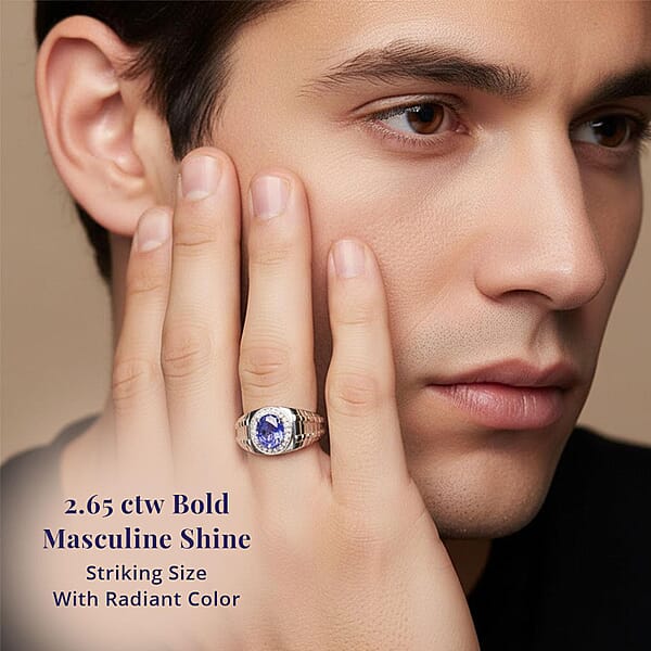 Certified Luxoro AAA Tanzanite Diamond Men's Ring In 14K White Gold 2.65 Ctw