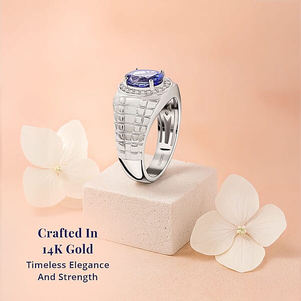 Certified Luxoro AAA Tanzanite Diamond Men's Ring In 14K White Gold 2.65 Ctw