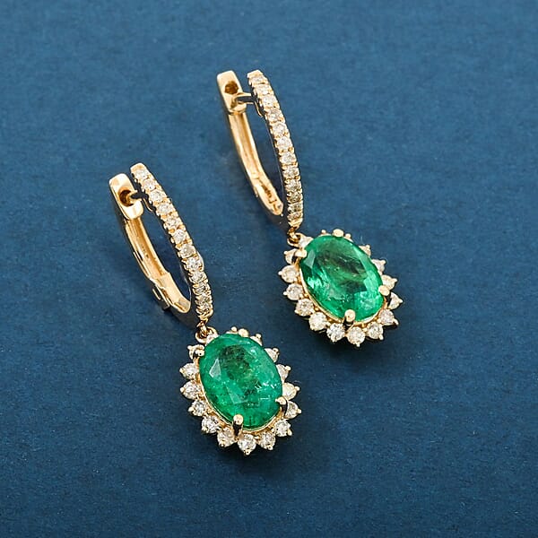 Certified Luxoro AAA Zambian Emerald Diamond Earrings In 14K Yellow Gold 2.00 Ctw
