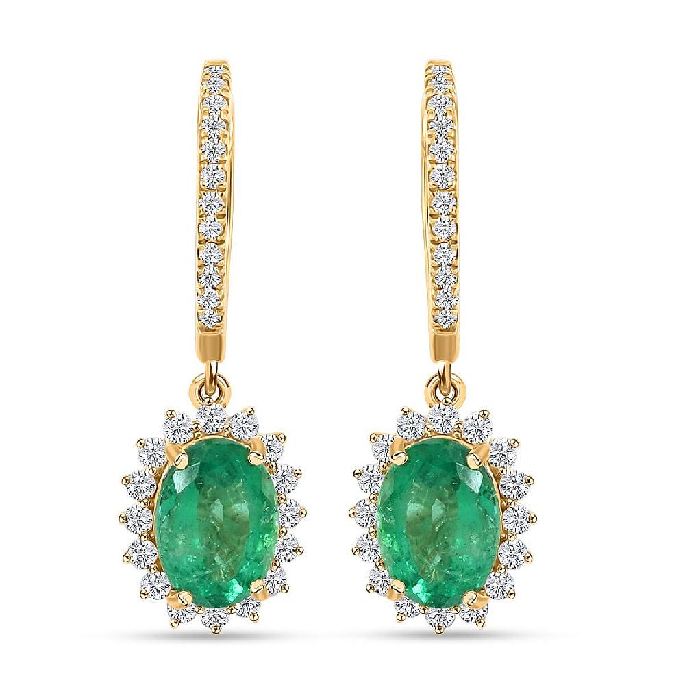 Certified Luxoro AAA Zambian Emerald Diamond Earrings in 14K Yellow Gold 2.00 ctw