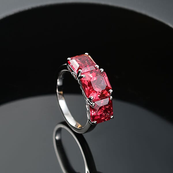 Certified Luxuriant AAA Asscher Cut Lab Grown Padparadscha Sapphire 3 Stone Ring In 10K White Gold 8.00 Ctw
