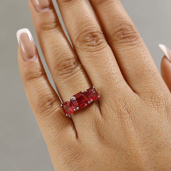 Certified Luxuriant AAA Asscher Cut Lab Grown Padparadscha Sapphire 3 Stone Ring In 10K White Gold 8.00 Ctw