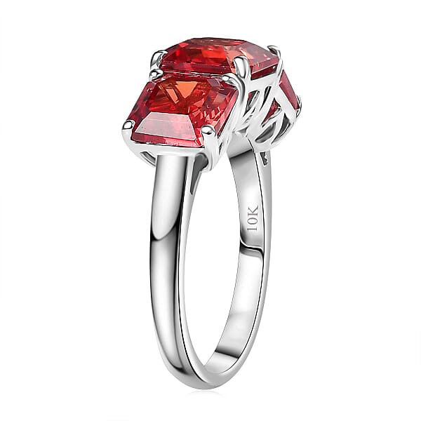 Certified Luxuriant AAA Asscher Cut Lab Grown Padparadscha Sapphire 3 Stone Ring In 10K White Gold 8.00 Ctw