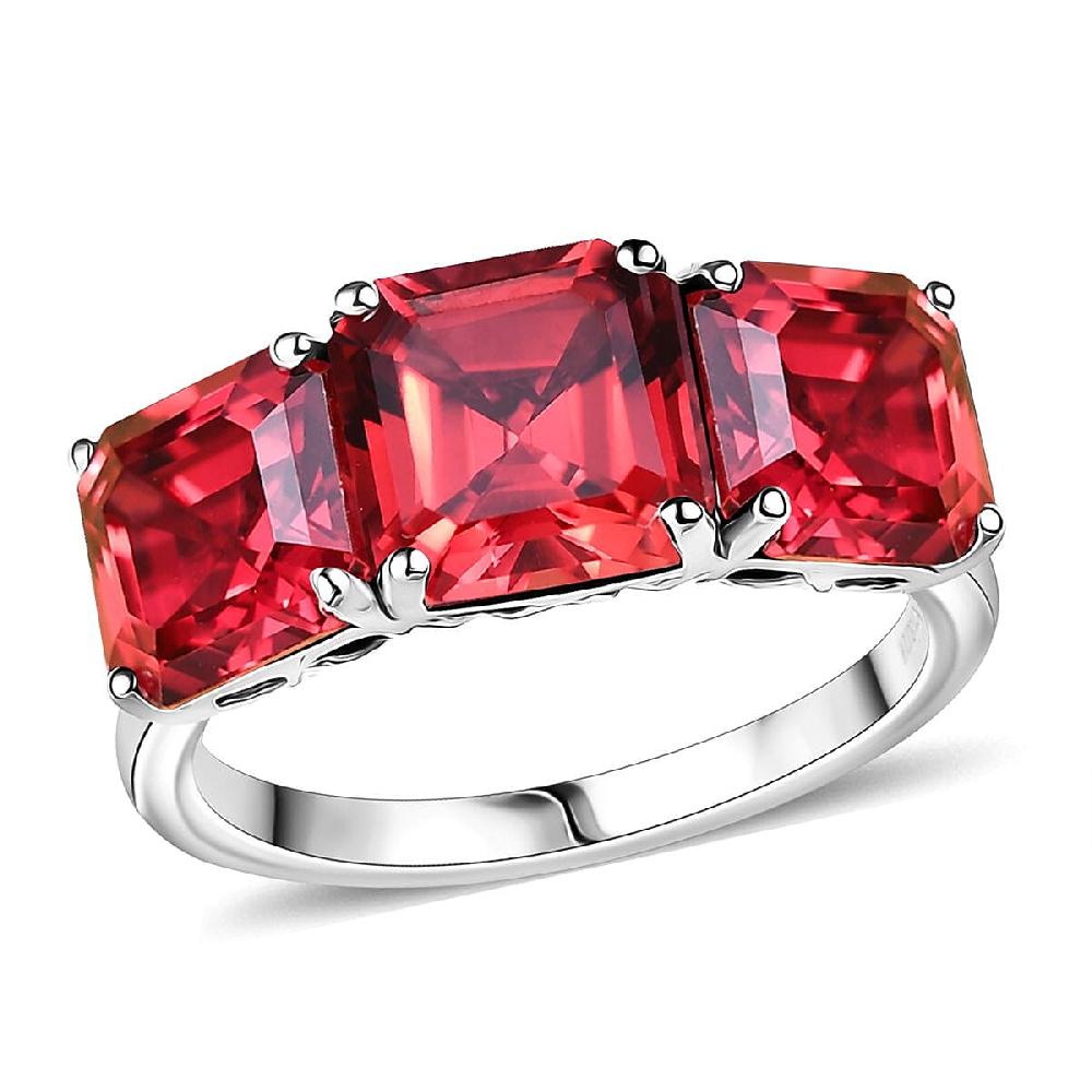 Certified Luxuriant AAA Asscher Cut Lab Grown Padparadscha Sapphire 3 Stone Ring In 10K White Gold 8.00 Ctw
