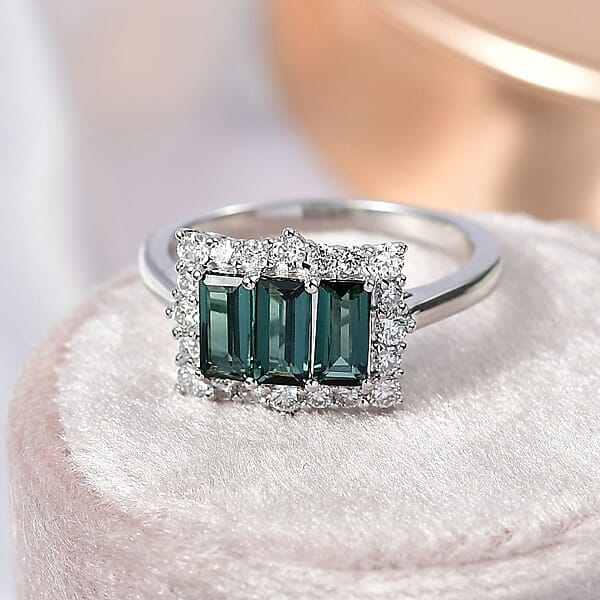 Certified Pirineu Lagoon Tourmaline Lab Grown Diamond Ring In 10K White Gold 1.50 Ctw