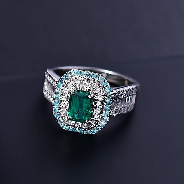 Certified Rhapsody AAAA Kagem Zambian Emerald Paraiba Tourmaline Diamond (E-F VS2) Ring In 950 Platinum 2.00 Ctw