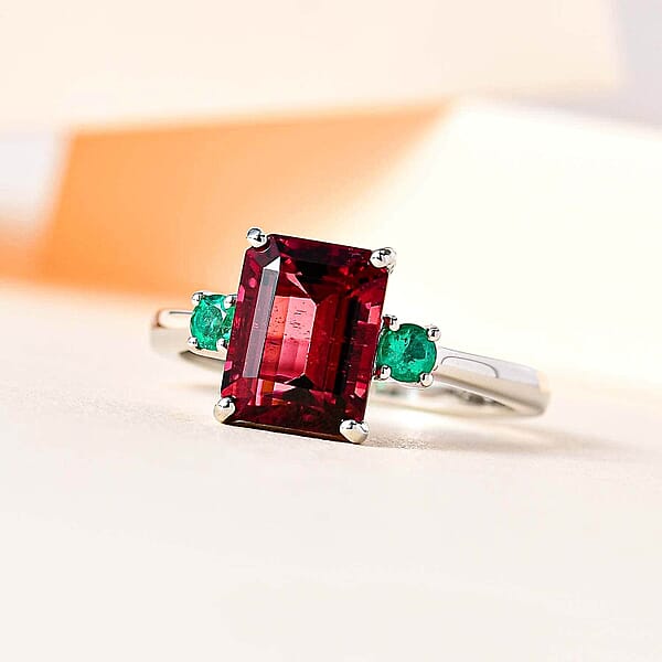 Certified Rhapsody AAAA Ouro Fino Rubellite AAAA Boyaca Colombian Emerald Ring In 950 Platinum 2.50 Ctw