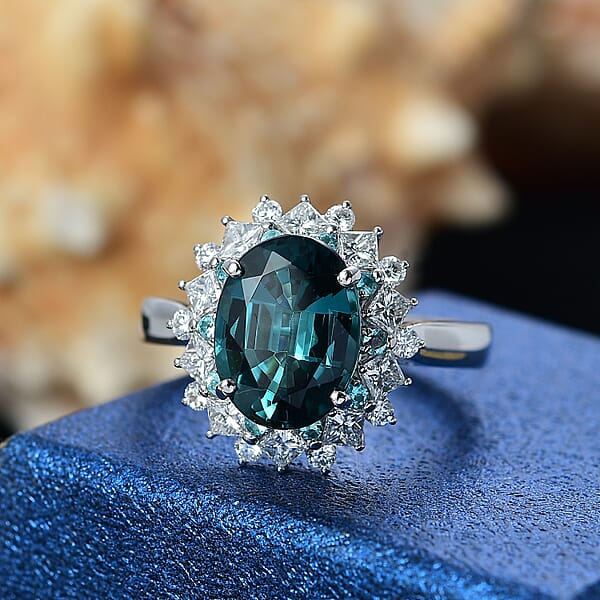 Certified Rhapsody AAAA Pirineu Lagoon Tourmaline Paraiba Tourmaline And Diamond Ring In 950 Platinum 6.10 Ctw
