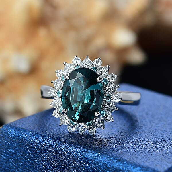 Certified Rhapsody AAAA Pirineu Lagoon Tourmaline Paraiba Tourmaline And Diamond Ring In 950 Platinum 6.10 Ctw