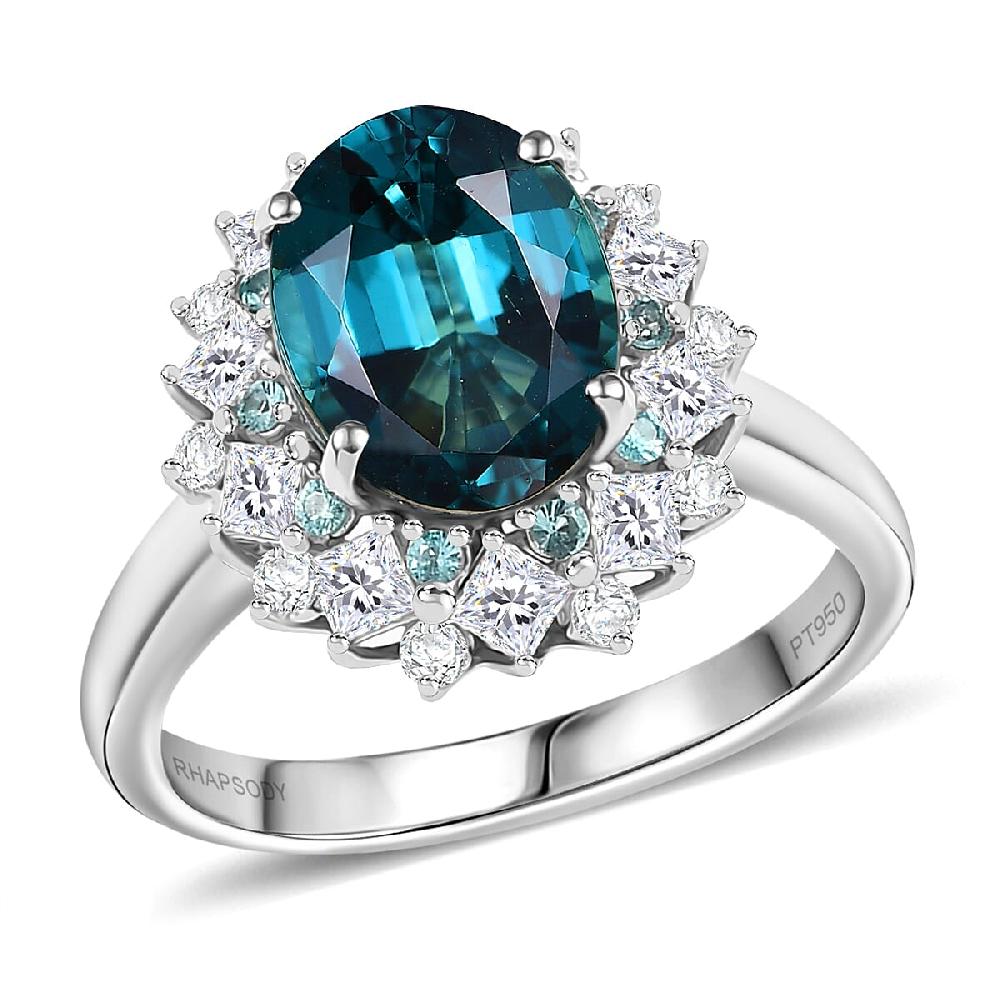 Certified Rhapsody AAAA Pirineu Lagoon Tourmaline Paraiba Tourmaline and Diamond Ring in 950 Platinum 6.10 ctw