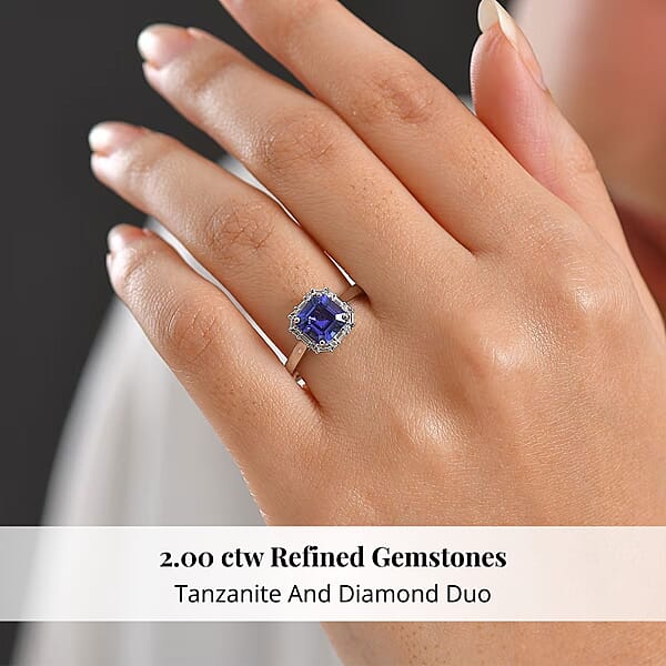 Certified Rhapsody AAAA Tanzanite Diamond Asscher Cut Ring In 950 Platinum 2.00 Ctw