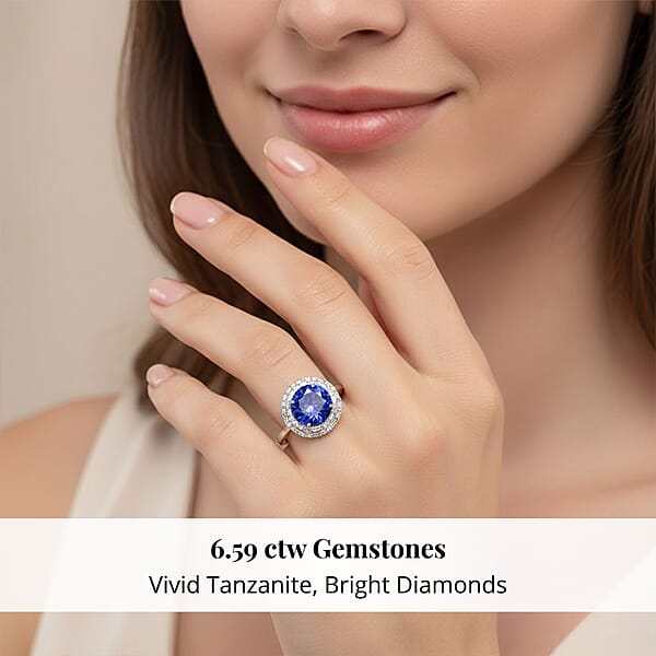 Certified Rhapsody AAAA Tanzanite Diamond Double Halo Ring In 950 Platinum 6.59 Ctw