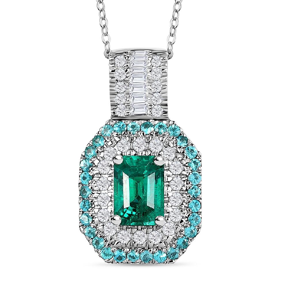 Certified Rhapsody AAAA Zambian Emerald Paraiba Tourmaline and Diamond Pendant Necklace in 950 Platinum 1.75 ctw (20 Inches) (E-F VS2)