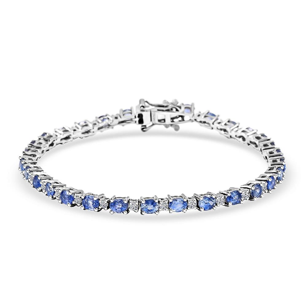 Ceylon Blue Sapphire and Luxuriant Lab Grown Diamond 7.10 ctw Water Bubbles Bracelet in Rhodium Over Sterling Silver (7.25 In)