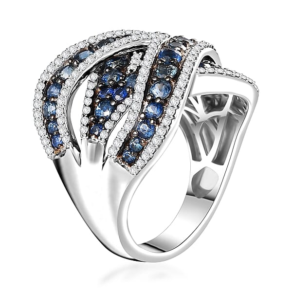 Ceylon Blue Sapphire And Moissanite 3.85 Ctw Overbridge By-pass Ring In Rhodium Over Sterling Silver (Size 6.0)