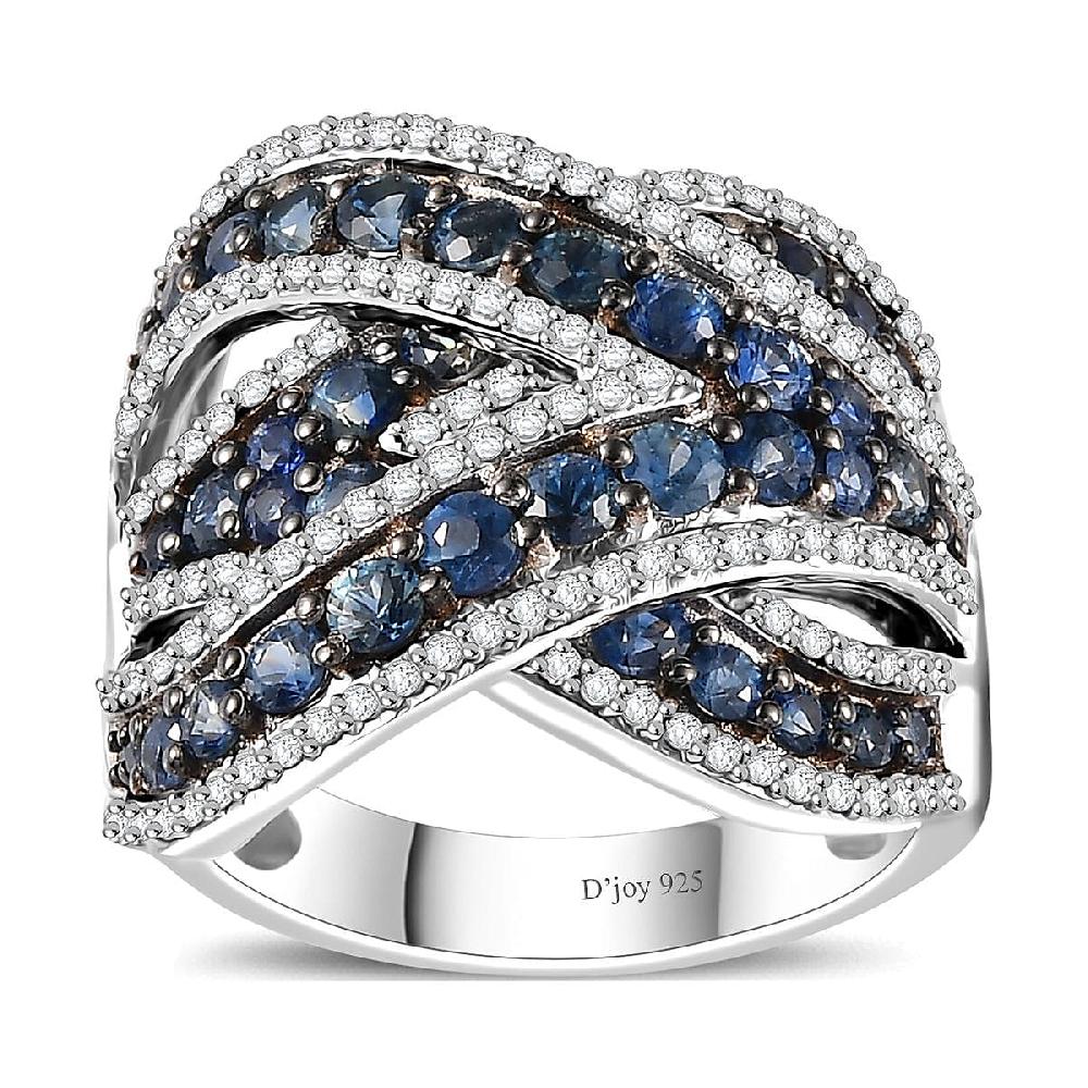 Ceylon Blue Sapphire and Moissanite 3.85 ctw Overbridge By-pass Ring in Rhodium Over Sterling Silver (Size 6.0)