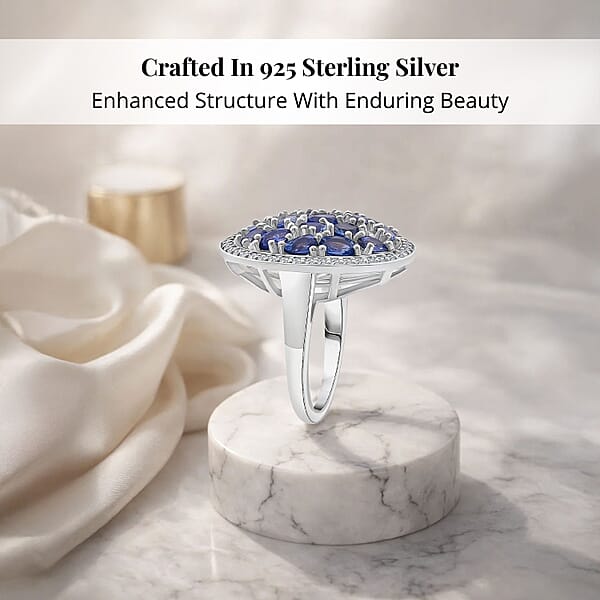 Ceylon Blue Sapphire Moissanite Ring In Rhodium Over Sterling Silver 4.50 Ctw