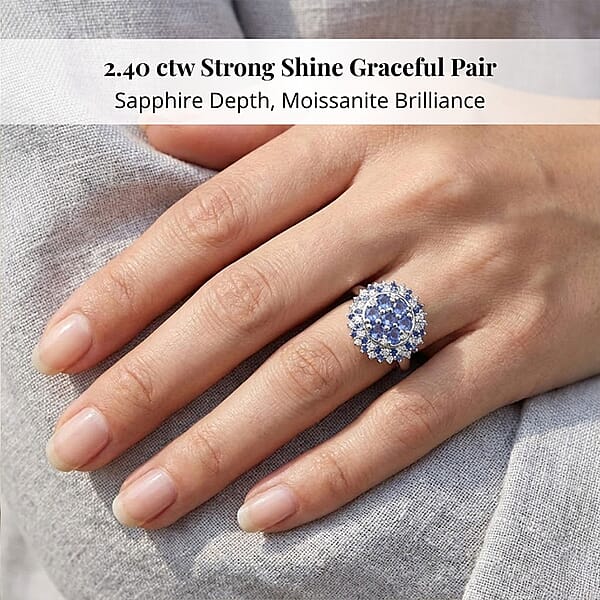 Ceylon Blue Sapphire Moissanite Ring In Rhodium Over Sterling Silver 2.40 Ctw