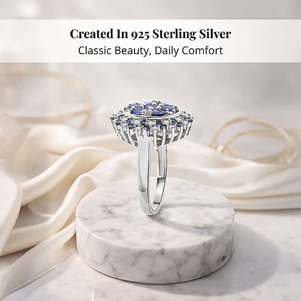 Ceylon Blue Sapphire Moissanite Ring In Rhodium Over Sterling Silver 2.40 Ctw