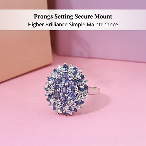 Ceylon Blue Sapphire Moissanite Ring In Rhodium Over Sterling Silver 2.40 Ctw