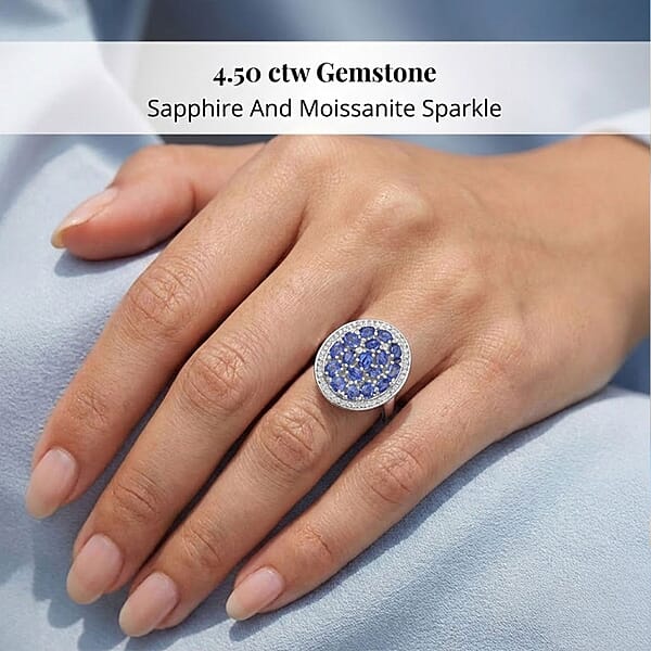 Ceylon Blue Sapphire Moissanite Ring In Rhodium Over Sterling Silver 4.50 Ctw