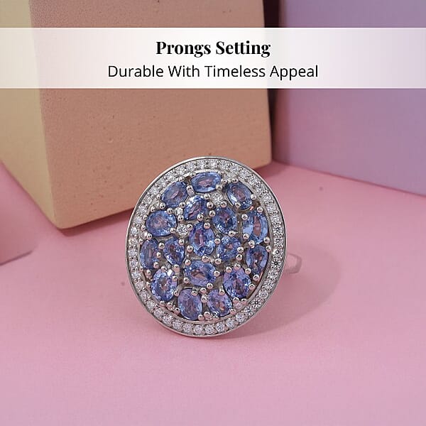 Ceylon Blue Sapphire Moissanite Ring In Rhodium Over Sterling Silver 4.50 Ctw
