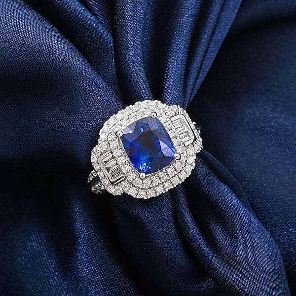 Chairman Vault Collection Certified & Appraised Rhapsody AAAA Ceylon Blue Sapphire And E-F VS Diamond 4.70 Ctw Ring In 950 Platinum 12.21 Grams