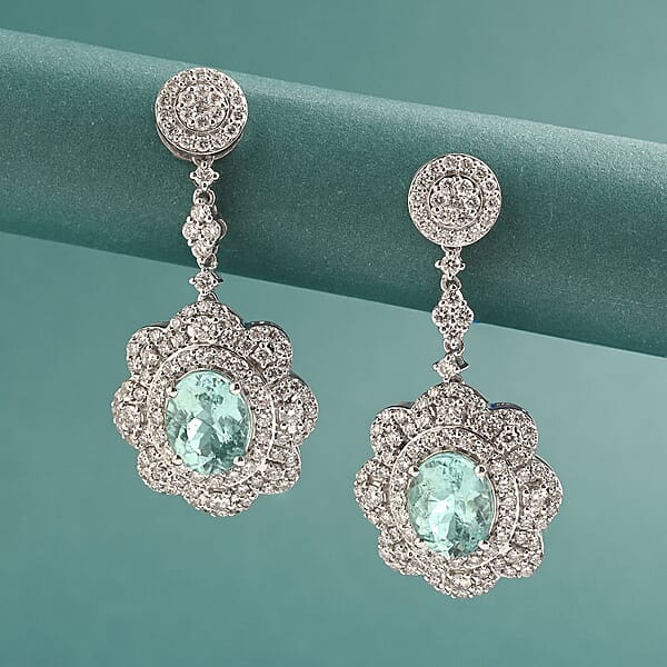 Chairman Vault Collection Certified & Appraised Rhapsody AAAA Paraiba Tourmaline And E-F VS Diamond 5.51 Ctw Earrings In 950 Platinum 15.80 Grams