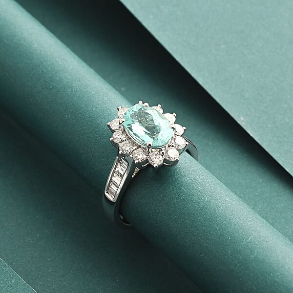 Chairman Vault Collection Certified & Appraised Rhapsody 950 Platinum AAAA Paraiba Tourmaline And E-F VS Diamond Ring 10.80 Grams 3.85 Ctw
