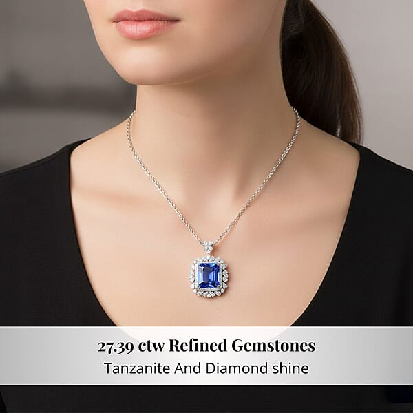 Chairman Vault Collection Certified & Appraised Rhapsody 950 Platinum AAAA Tanzanite And E-F VS Diamond Pendant Necklace 18 Inches 18.30 Grams 27.39 Ctw