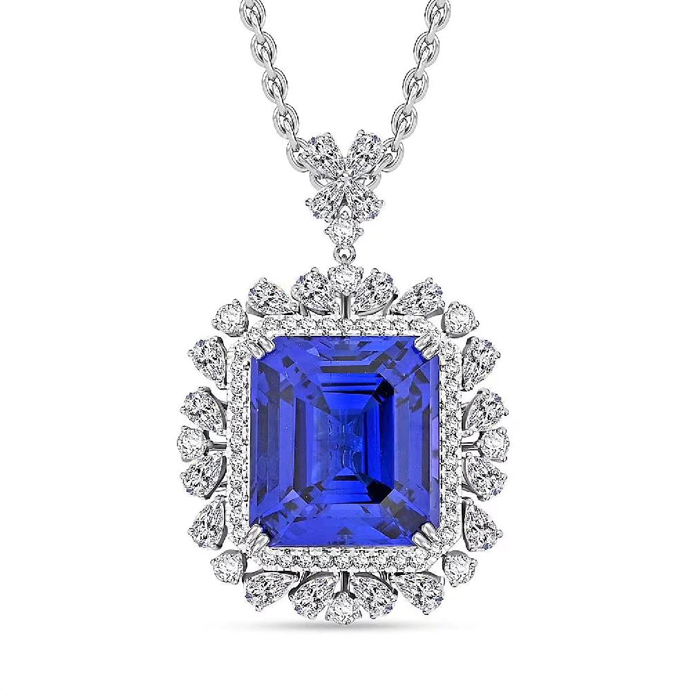 Chairman Vault Collection Certified & Appraised Rhapsody 950 Platinum AAAA Tanzanite and E-F VS Diamond Pendant Necklace 18 Inches 18.30 Grams 27.39 ctw