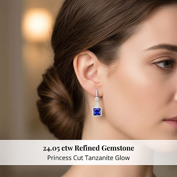 Chairman Vault Collection Certified & Appraised Rhapsody 950 Platinum Princess Cut AAAA Tanzanite And E-F VS Diamond Dangle Earrings 20.80 Grams 24.05 Ctw