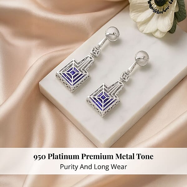 Chairman Vault Collection Certified & Appraised Rhapsody 950 Platinum Princess Cut AAAA Tanzanite And E-F VS Diamond Dangle Earrings 20.80 Grams 24.05 Ctw