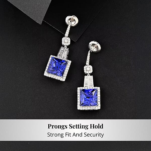 Chairman Vault Collection Certified & Appraised Rhapsody 950 Platinum Princess Cut AAAA Tanzanite And E-F VS Diamond Dangle Earrings 20.80 Grams 24.05 Ctw