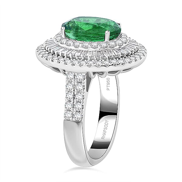 Chairman Vault Collection Certified & Appraised Rhapsody AAAA Kagem Zambian Emerald And E-F VS Diamond 5.40 Ctw Ring In 950 Platinum 14.40 Grams