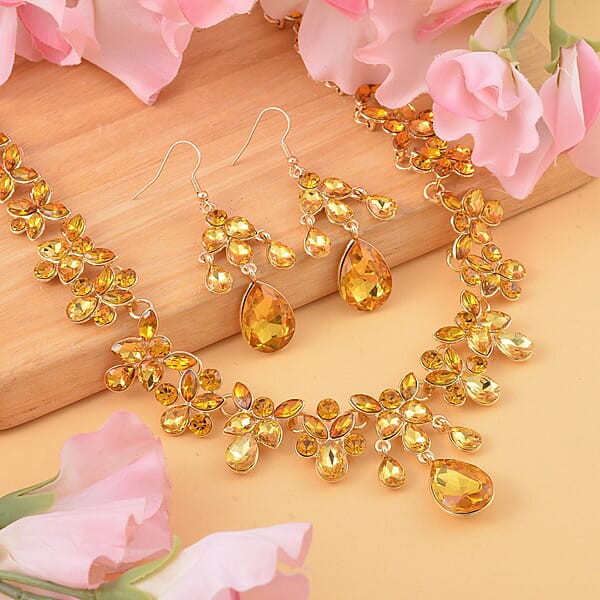 Champagne Color Austrian Crystal Dangle Earrings And Necklace 20-22 Inches In Goldtone