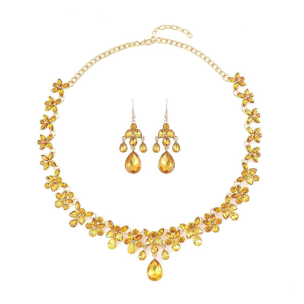 Champagne Color Austrian Crystal Dangle Earrings and Necklace 20-22 Inches in Goldtone