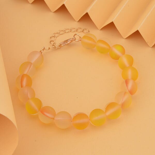 Champagne Color Glass Beaded Stretch Bracelet With Lobster Lock In 14K YG Over Sterling Silver (7.5-8.5In)