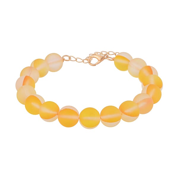 Champagne Color Glass Beaded Stretch Bracelet With Lobster Lock In 14K YG Over Sterling Silver (7.5-8.5In)
