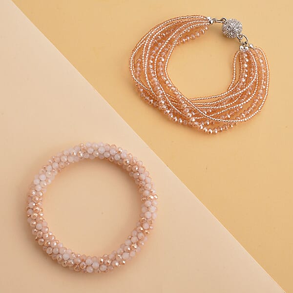 Champagne Glass And Austrian Crystal Set Of 2 Beaded Bracelet In Silvertone (Stretch 7.75In)