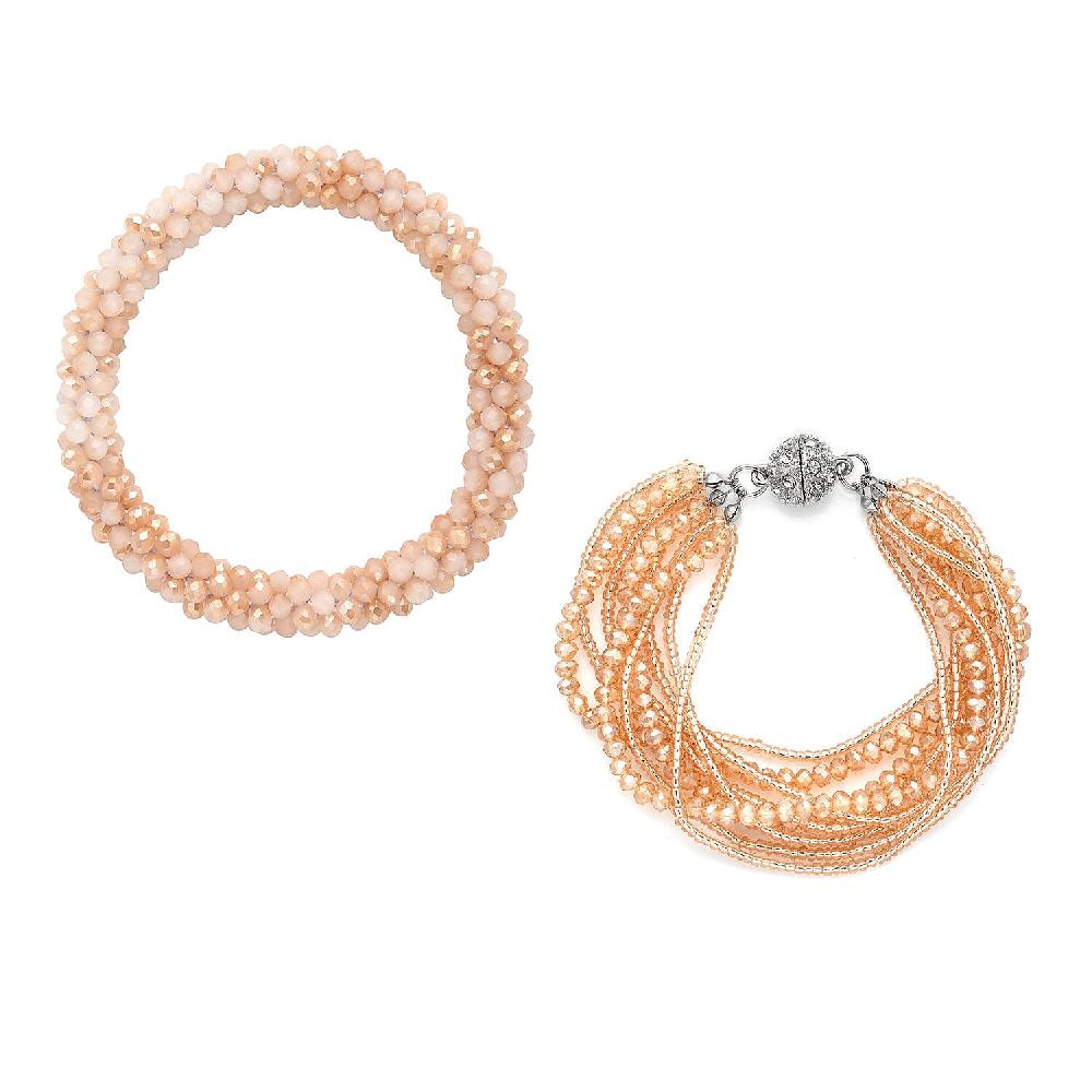 Champagne Glass and Austrian Crystal Set of 2 Beaded Bracelet in Silvertone (Stretch 7.75In)