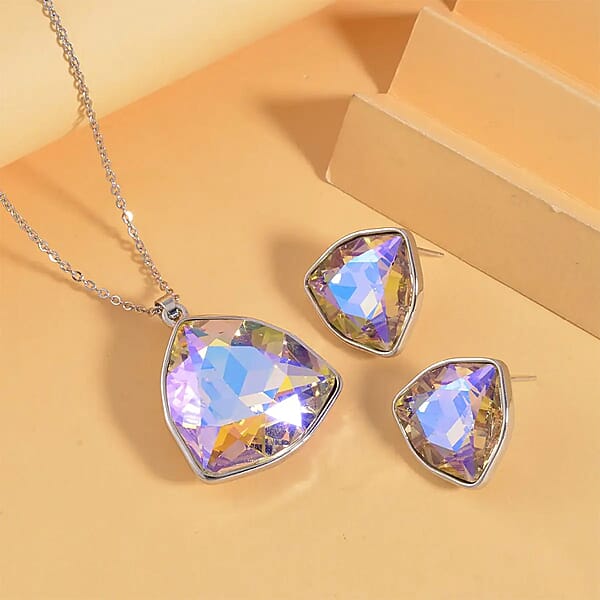 Champagne Magic Color Austrian Crystal Pendant Necklace And Earrings In Silvertone 20-22 Inches