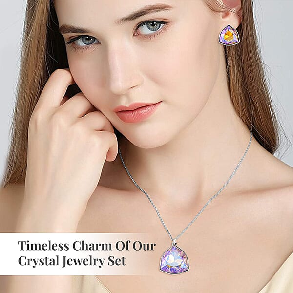 Champagne Magic Color Austrian Crystal Pendant Necklace And Earrings In Silvertone 20-22 Inches