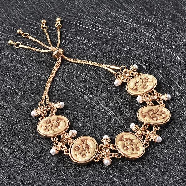 Champagne Resin And Champagne Austrian Crystal And Simulated Pearl Bolo Bracelet In Goldtone