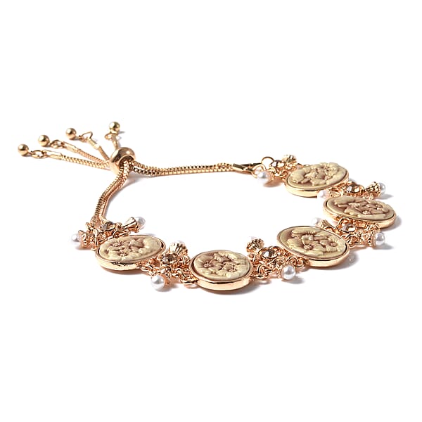 Champagne Resin And Champagne Austrian Crystal And Simulated Pearl Bolo Bracelet In Goldtone