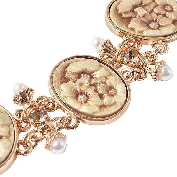 Champagne Resin And Champagne Austrian Crystal And Simulated Pearl Bolo Bracelet In Goldtone
