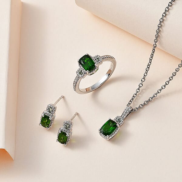 Chrome Diopside And Green Sapphire 3.40 Ctw Stud Earrings Ring And Pendant In Platinum Over Sterling Silver With Stainless Steel Necklace 20 Inches