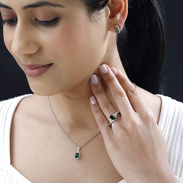 Chrome Diopside And Green Sapphire 3.40 Ctw Stud Earrings Ring And Pendant In Platinum Over Sterling Silver With Stainless Steel Necklace 20 Inches