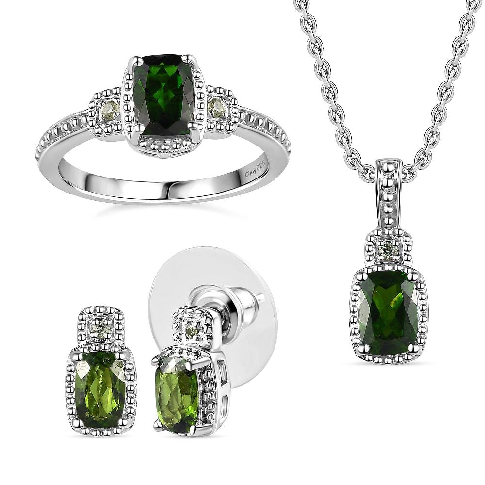 Chrome Diopside and Green Sapphire 3.40 ctw Stud Earrings Ring and Pendant in Platinum Over Sterling Silver with Stainless Steel Necklace 20 Inches
