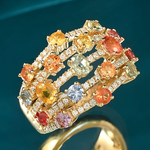 Clarte Baroque Collection Multi Sapphire And Moissanite 2.60 Ctw Ring In 14K Yellow Gold Over Sterling Silver